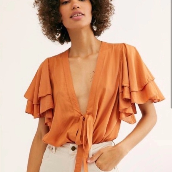 Free People Call Me Later Ruffle Sleeve Plunge Tie Bodysuit Swiss Dot Bottom Sm - Picture 1 of 15